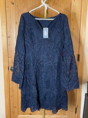 Juicy Couture Navy Lace Long-Sleeve Bell-Sleeve Dress NWT Size 10